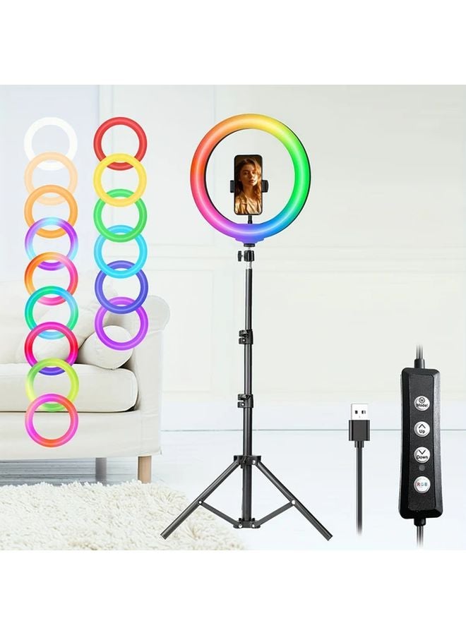ضوء حلقة RGB أسود 10 بوصة مع حامل هاتف وستاند 38 وضع ألوان قابل للتعتيم بلا درجات - Image 1